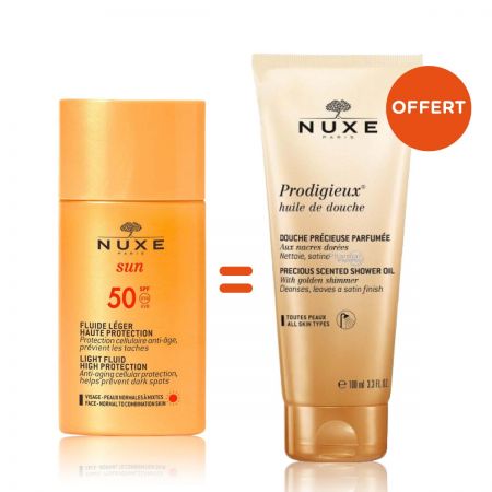 Fluide léger haute protection pour le visage SPF50 50ml + Huile de douche 100ml offert